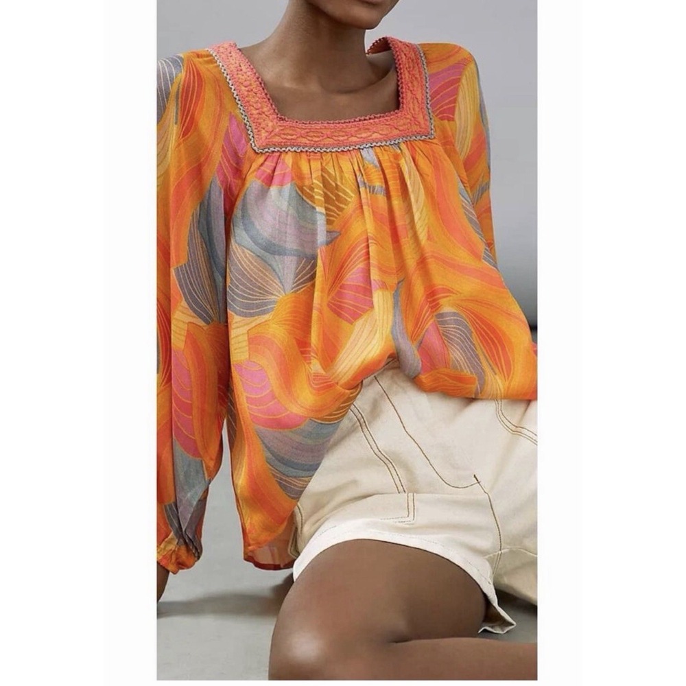 Anthropologie Bl^nk London S Tessa Embroidered Square Neck Blouse Top Balloon Sl